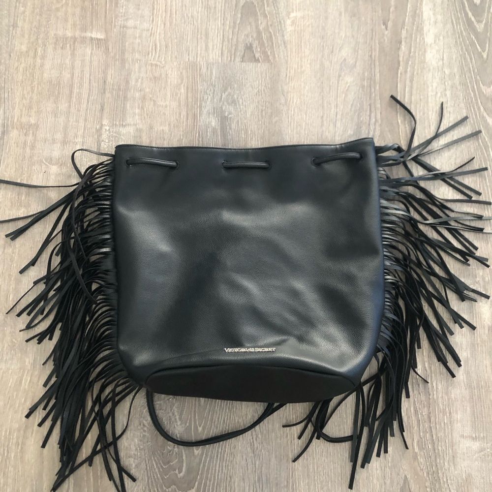 Victoria's Secret Drawstring Fringe Backpack Bag Large Black‎ Purse READ